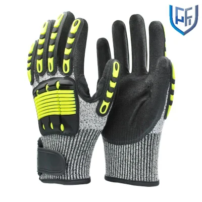 Protección personalizada 13G Resistente a cortes Hppe Liner Nitrilo Revestimiento de arena Guantes de trabajo de seguridad con TPR en la espalda y velcro en la muñeca